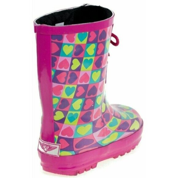 Kids Rainboots, Faux Fur Lined Girls Rain Boots, K-1550 Pink Hearts, Size 3 - Picture 3 of 4